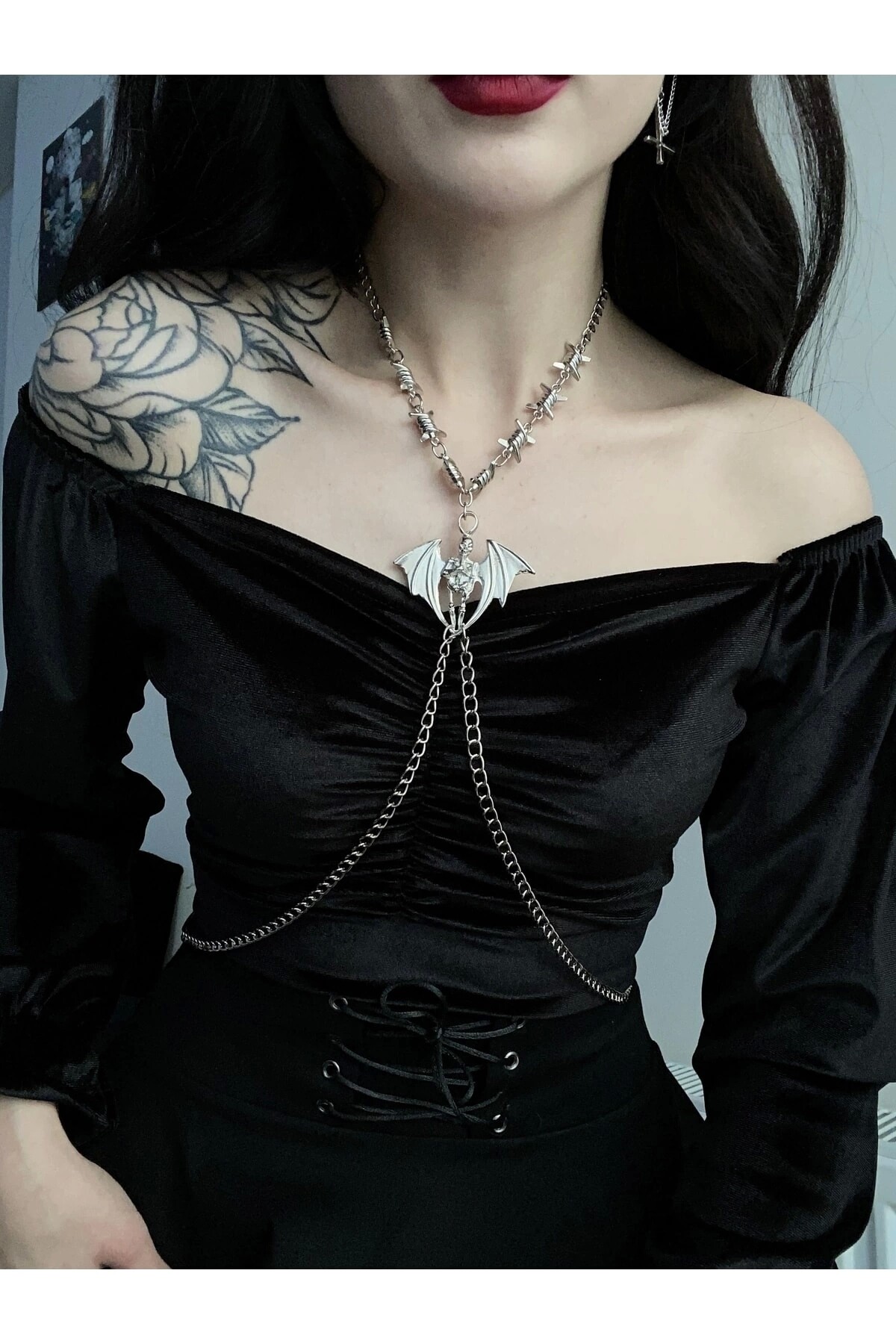 Gothic Punk Yarasa Iskelet Detay Dikenli Harness - 2