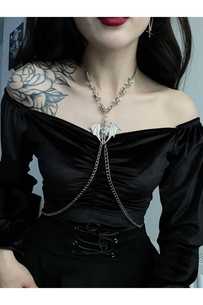 Gothic Punk Yarasa Iskelet Detay Dikenli Harness - 2