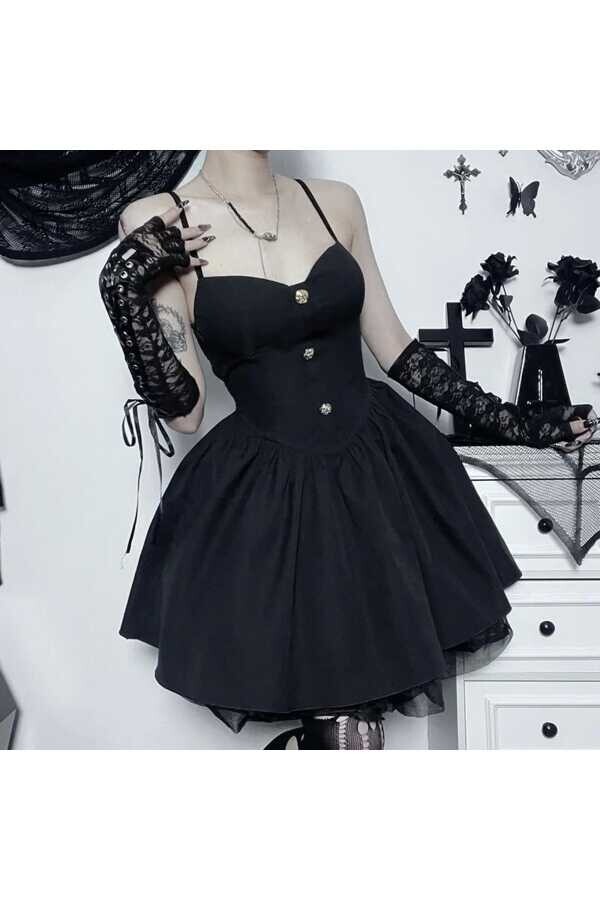 Gotik Gothic Düğmeli Kloş Askılı Elbise - 13