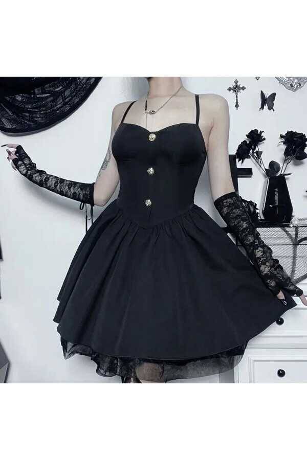 Gotik Gothic Düğmeli Kloş Askılı Elbise - 6
