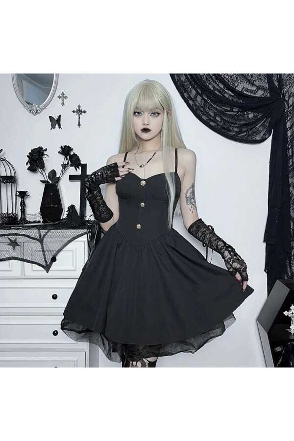 Gotik Gothic Düğmeli Kloş Askılı Elbise - 3