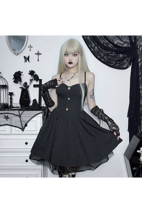 Gotik Gothic Düğmeli Kloş Askılı Elbise - 3