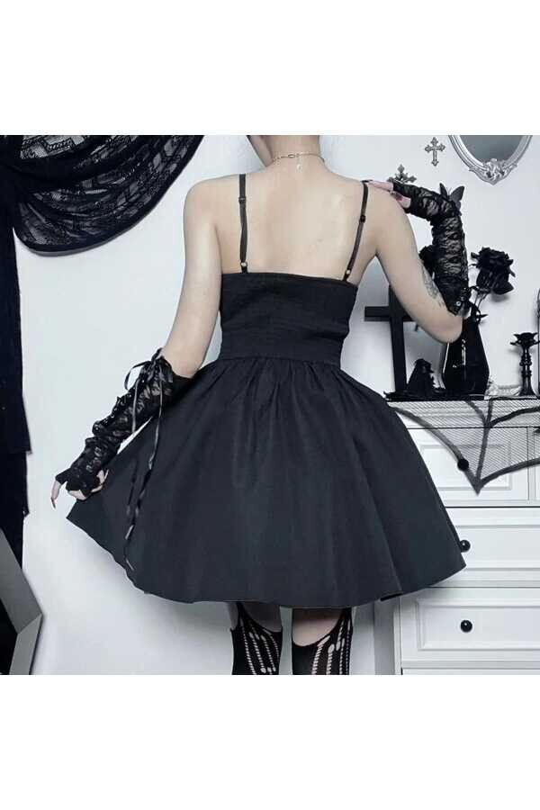 Gotik Gothic Düğmeli Kloş Askılı Elbise - 4