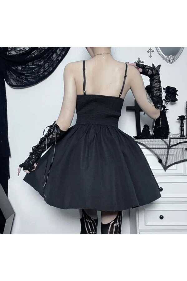 Gotik Gothic Düğmeli Kloş Askılı Elbise - 4