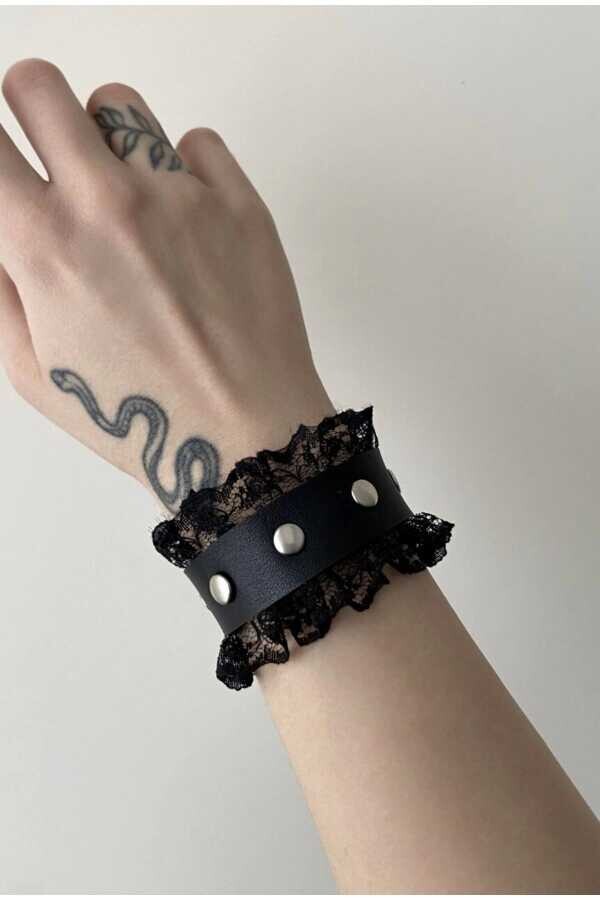 Gotik Gothic Güpürlü Zımbalı Suni Deri Bileklik - 5