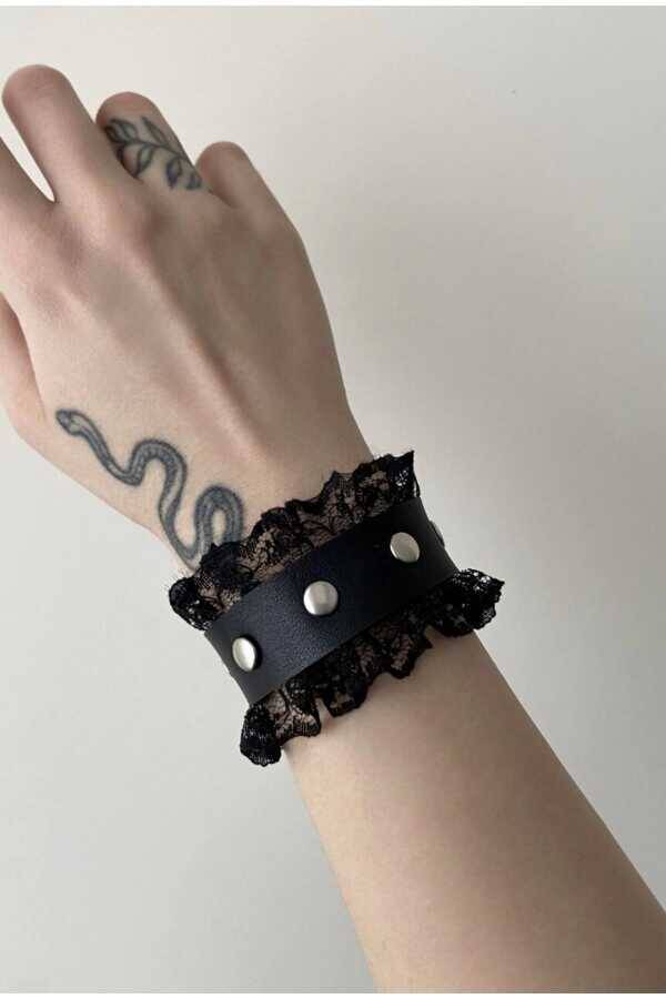 Gotik Gothic Güpürlü Zımbalı Suni Deri Bileklik - 5