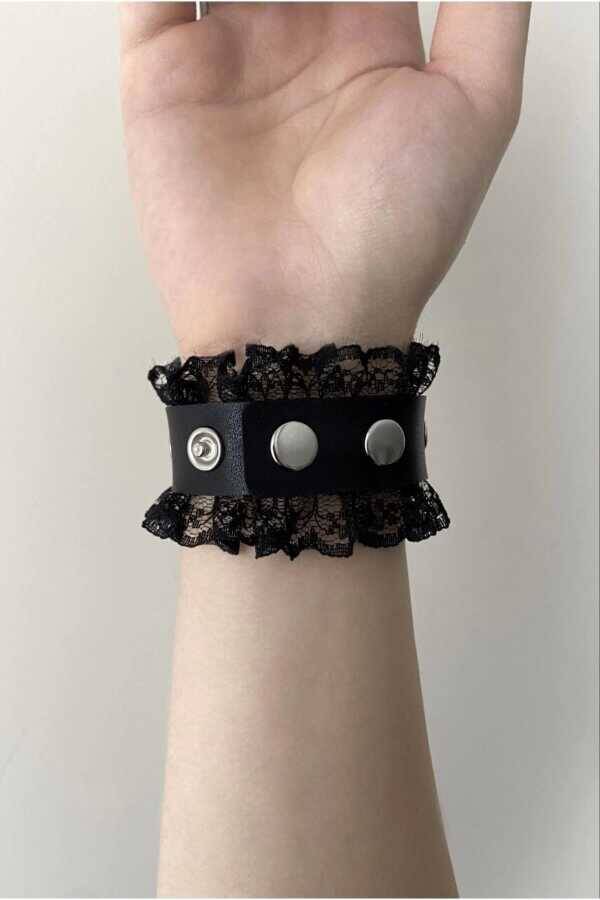 Gotik Gothic Güpürlü Zımbalı Suni Deri Bileklik - 4