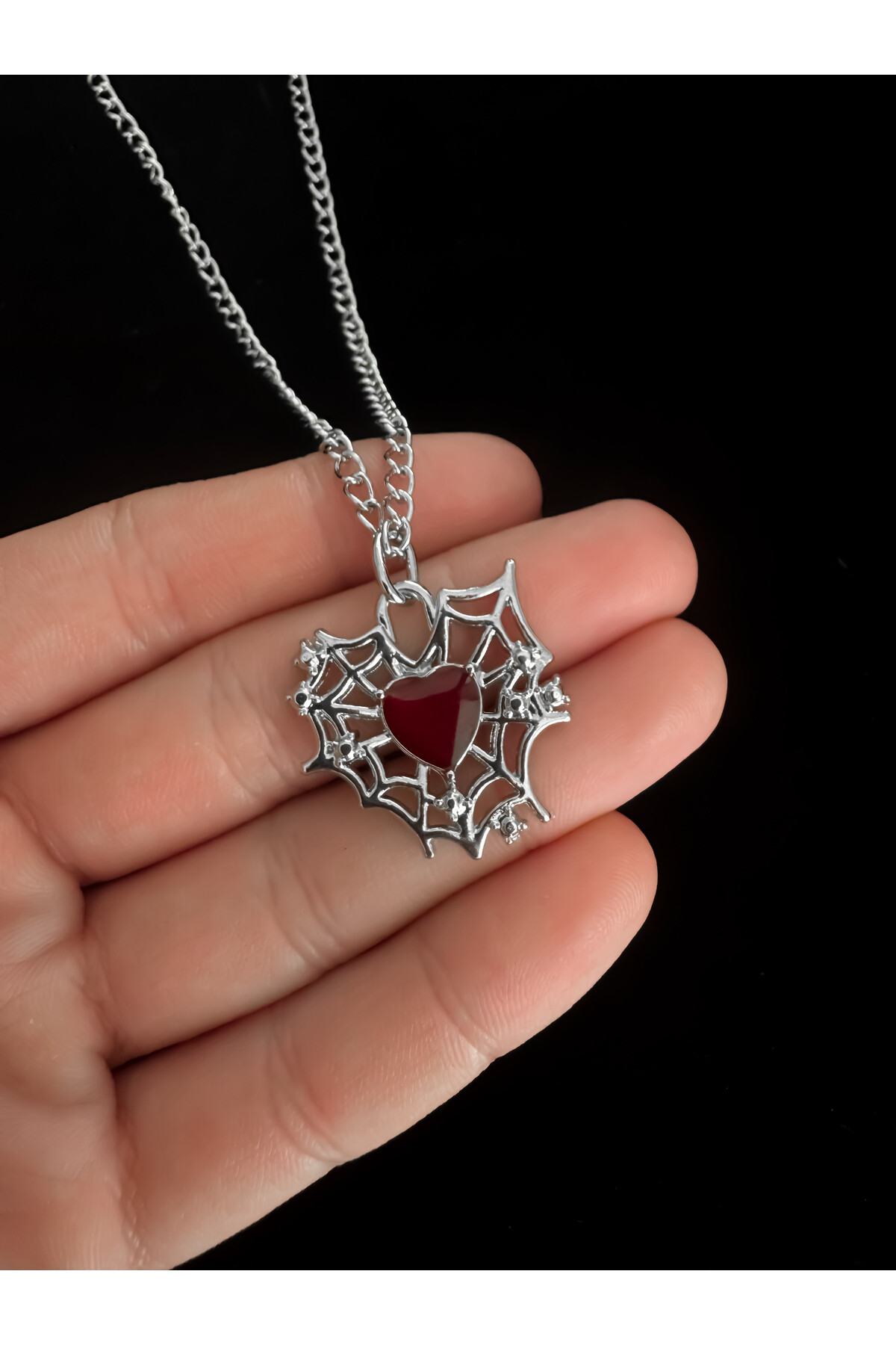 Gotik Gothic Punk Bordo Kalpli Ağ Kolye, Kalp Ağ Kolye - 2