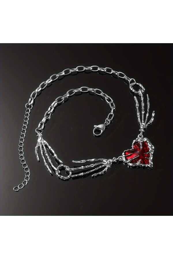 Gotik Gothic Punk İskelet El Detay Kalp Kolye - 1