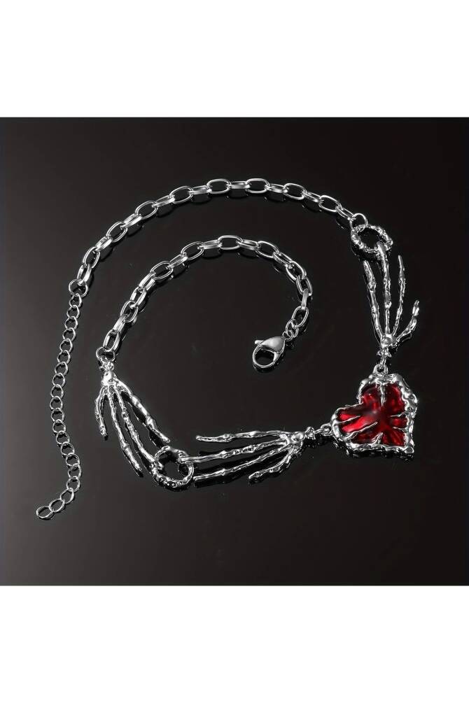 Gotik Gothic Punk İskelet El Detay Kalp Kolye - 1