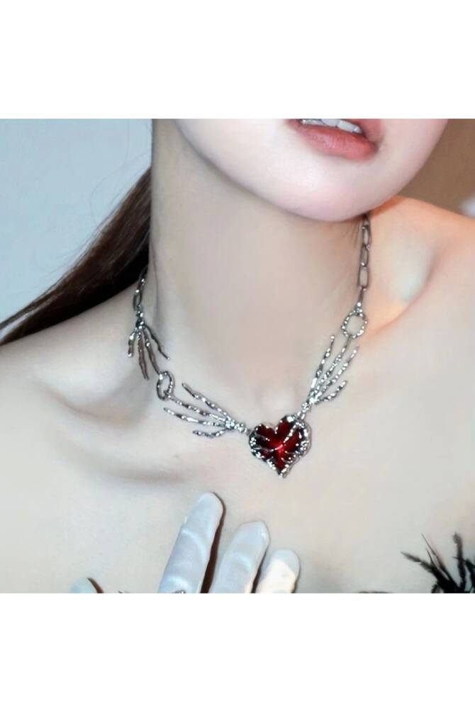 Gotik Gothic Punk İskelet El Detay Kalp Kolye - 2