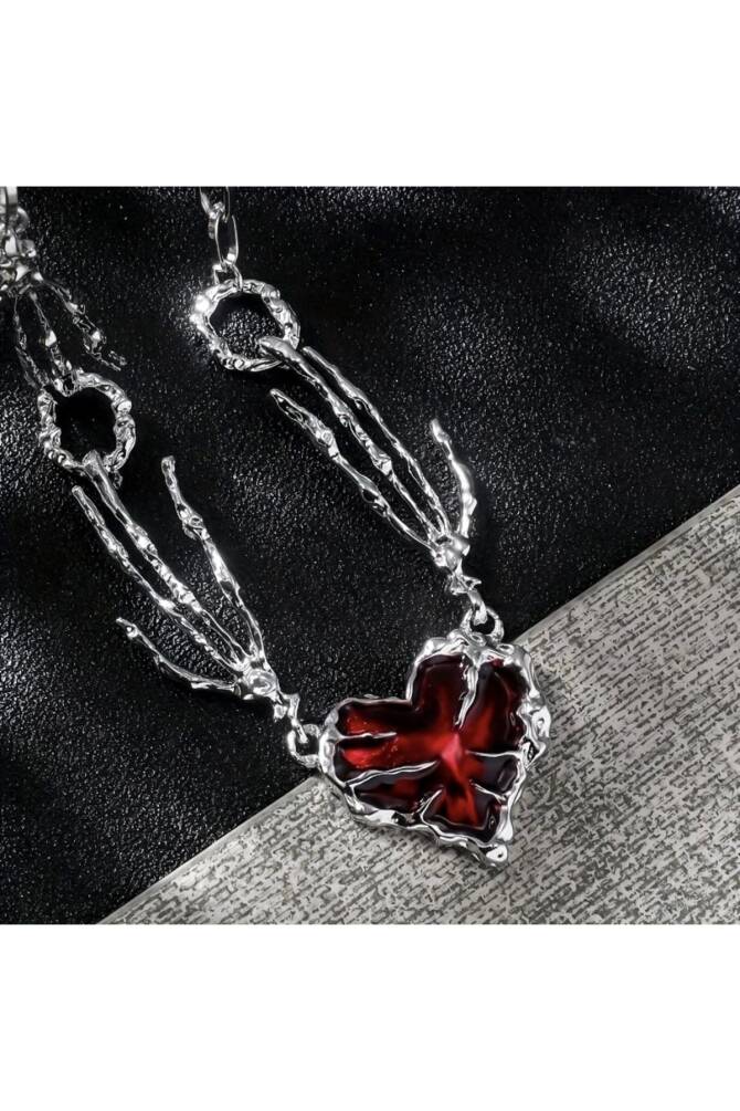 Gotik Gothic Punk İskelet El Detay Kalp Kolye - 3