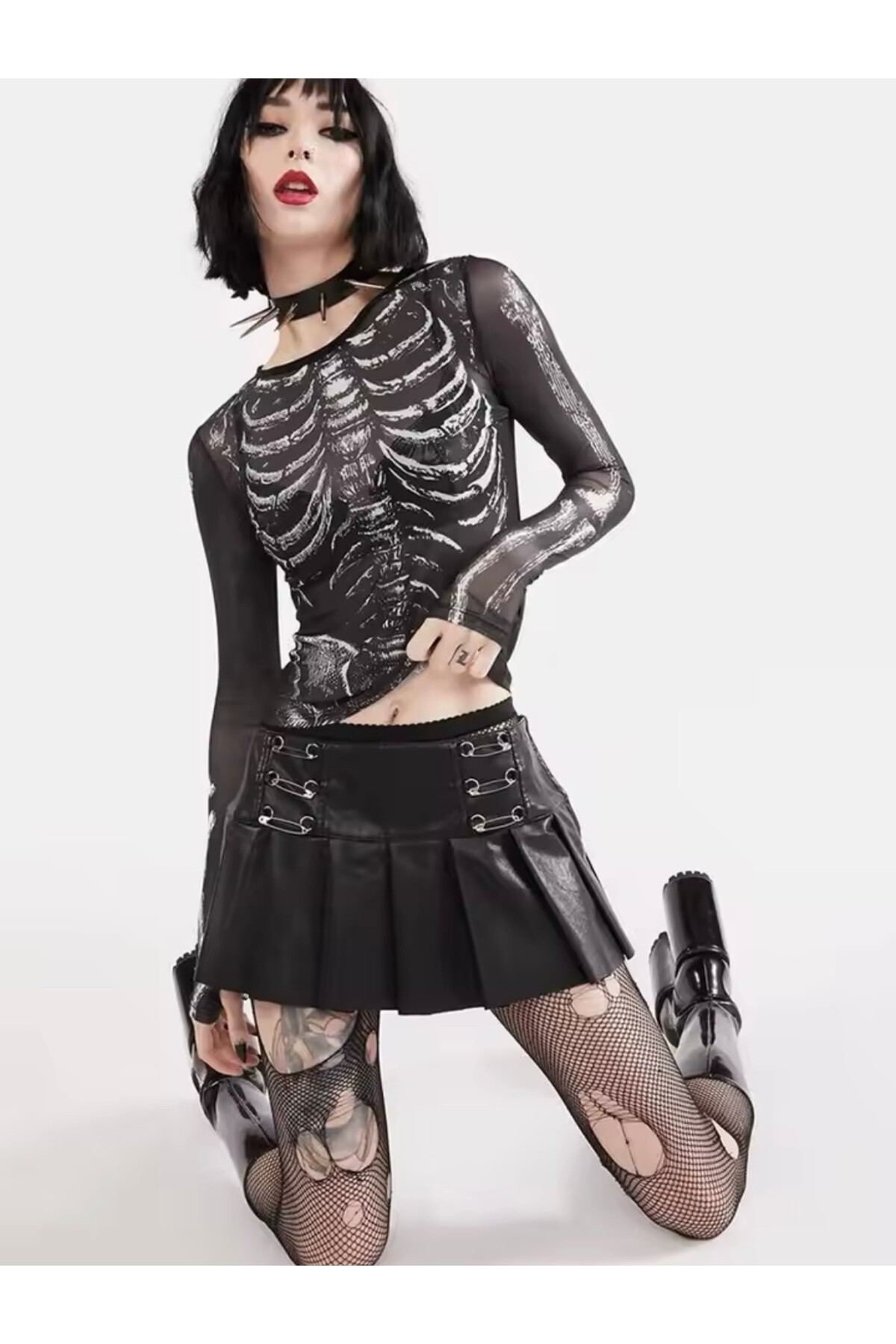 Gotik Gothic Punk İskelet Tül Uzun Kollu Bluz - 8