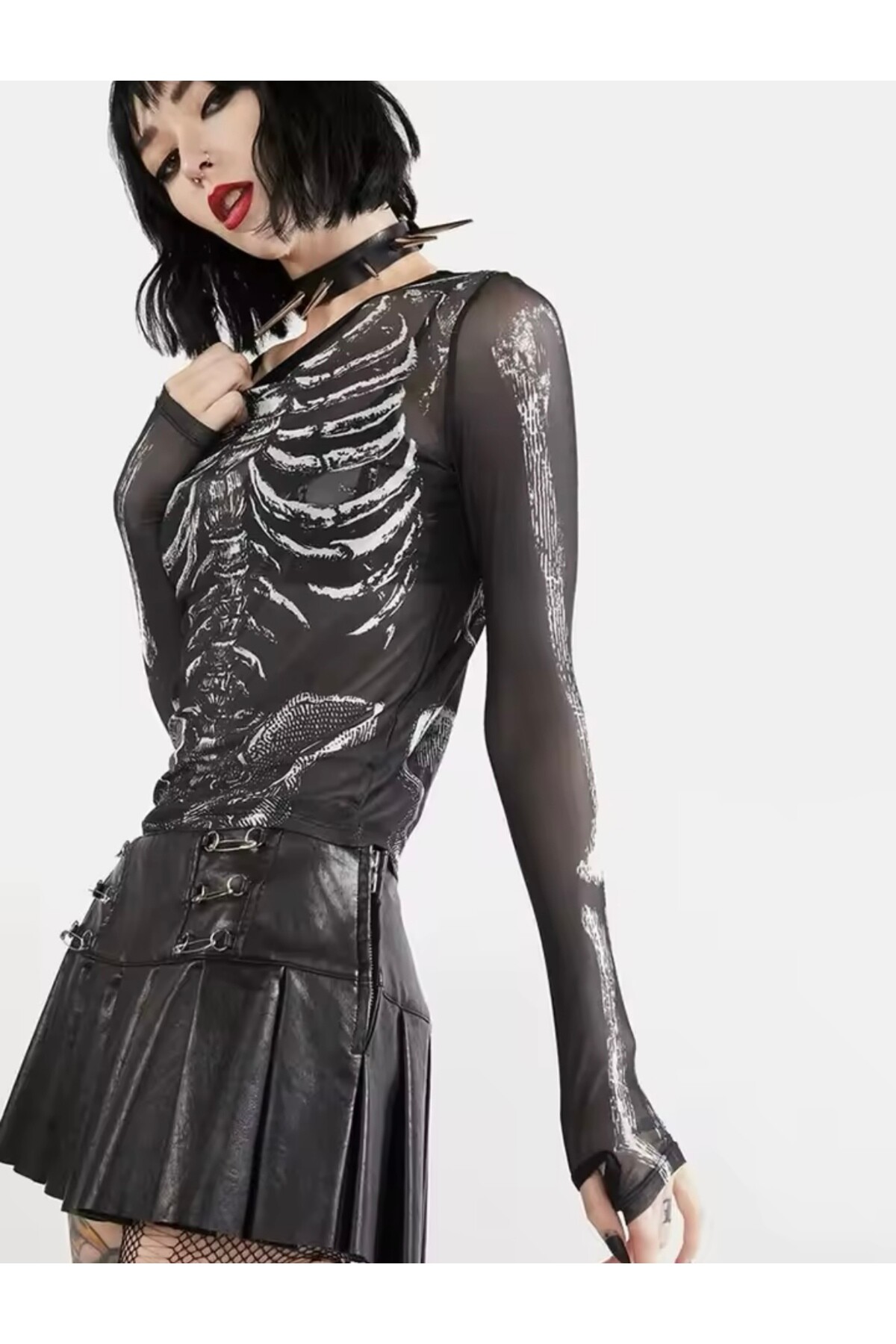 Gotik Gothic Punk İskelet Tül Uzun Kollu Bluz - 6