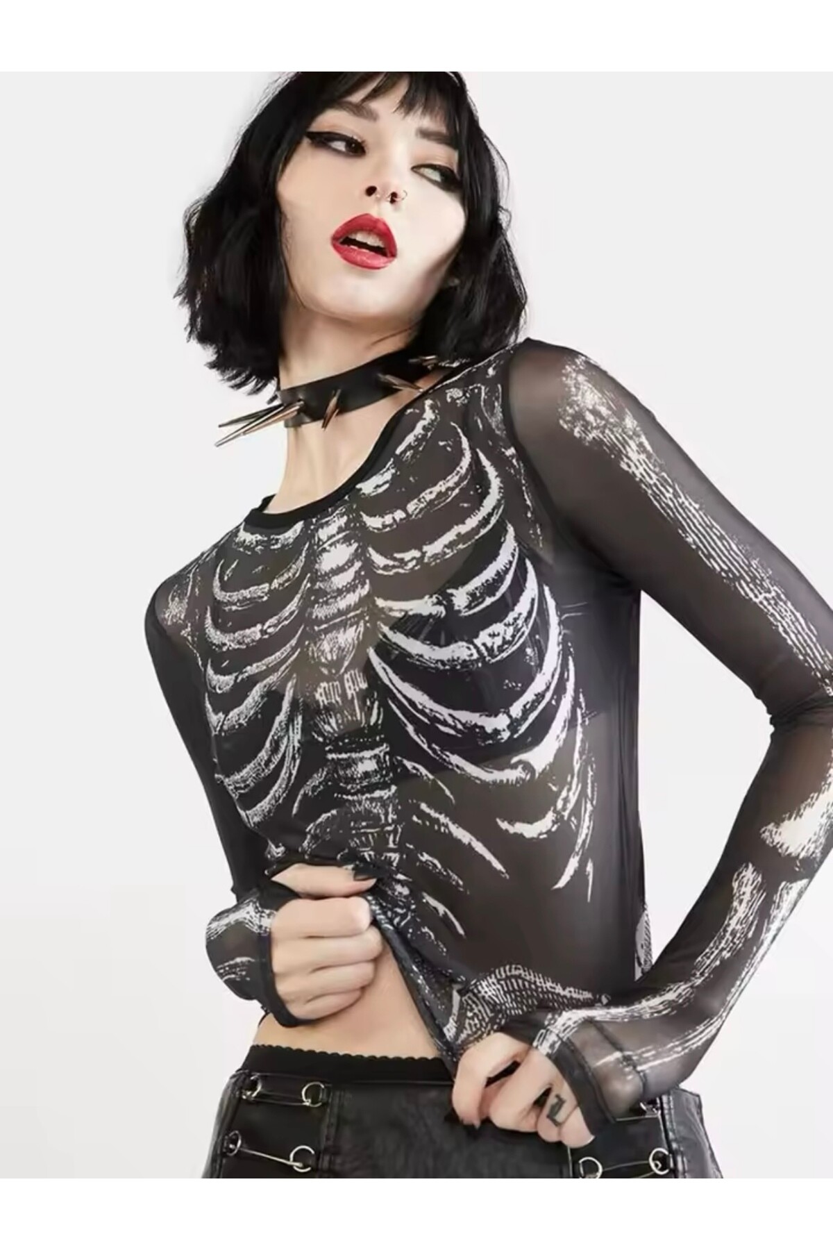 Gotik Gothic Punk İskelet Tül Uzun Kollu Bluz - 3
