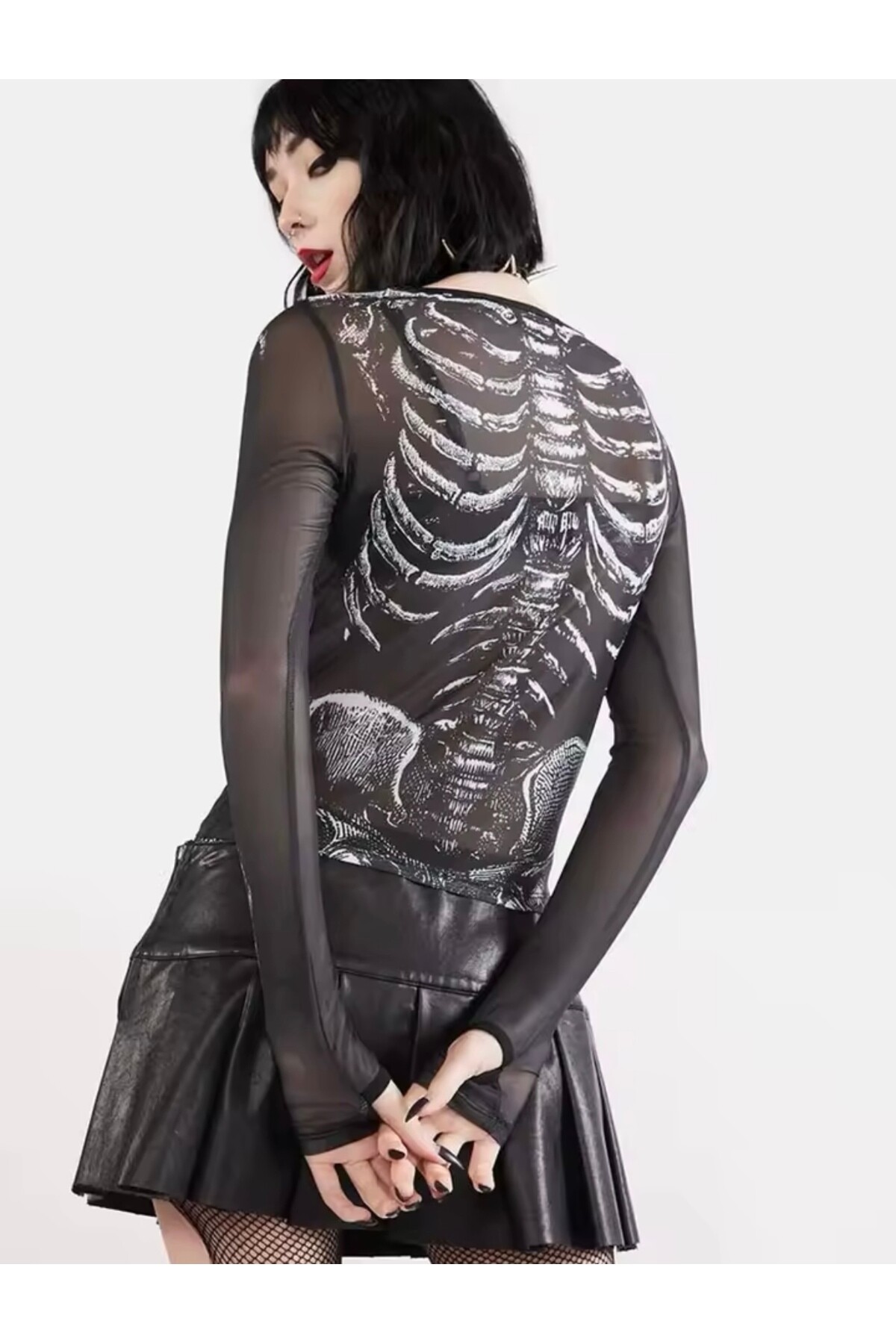 Gotik Gothic Punk İskelet Tül Uzun Kollu Bluz - DarkellaStore