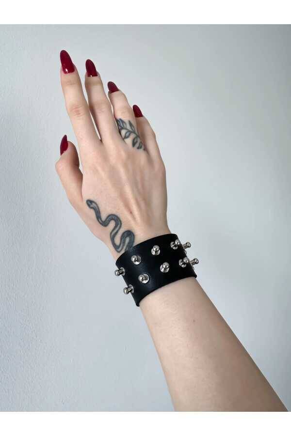 Gotik Gothic Punk Suni Deri Çift Sıra Yuvarlak Başlı Çivili Bileklik (UNISEX BEDENLİ) - 7