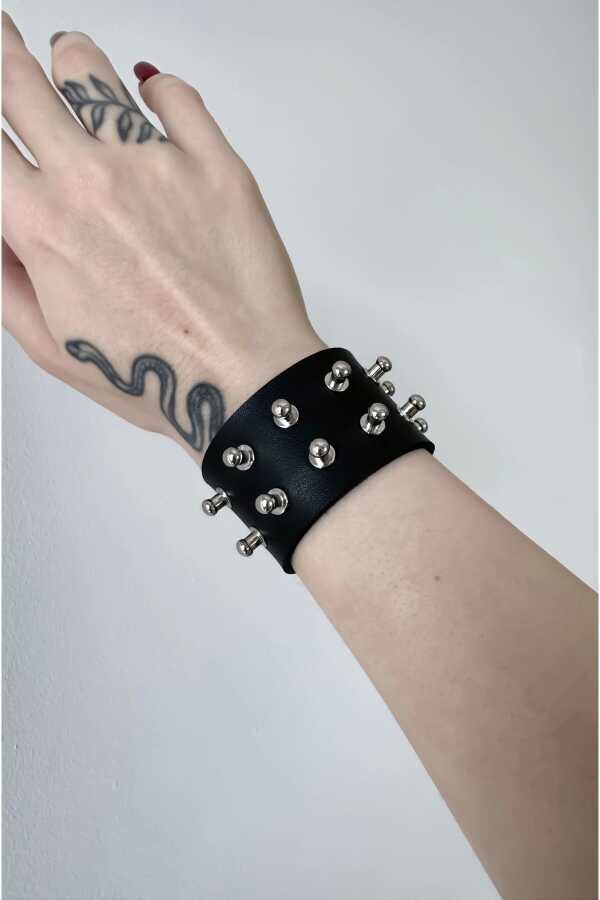 Gotik Gothic Punk Suni Deri Çift Sıra Yuvarlak Başlı Çivili Bileklik (UNISEX BEDENLİ) - 2