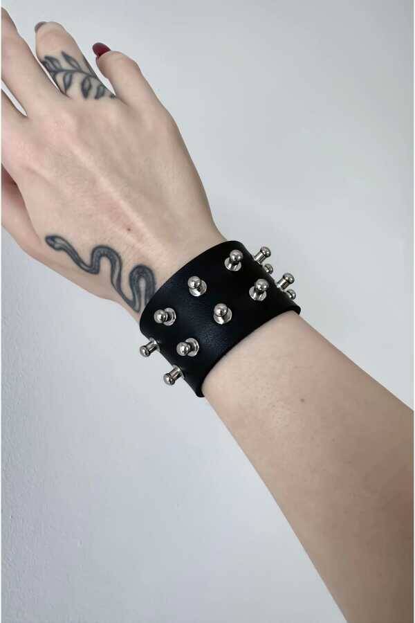 Gotik Gothic Punk Suni Deri Çift Sıra Yuvarlak Başlı Çivili Bileklik (UNISEX BEDENLİ) - 2
