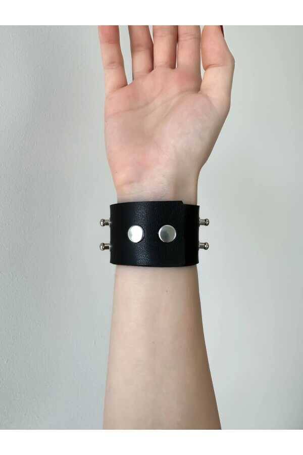 Gotik Gothic Punk Suni Deri Çift Sıra Yuvarlak Başlı Çivili Bileklik (UNISEX BEDENLİ) - 3