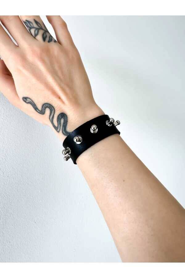 Gotik Gothic Punk Suni Deri Yuvarlak Başlı Çivili Bileklik (UNISEX BEDENLİ) - 6
