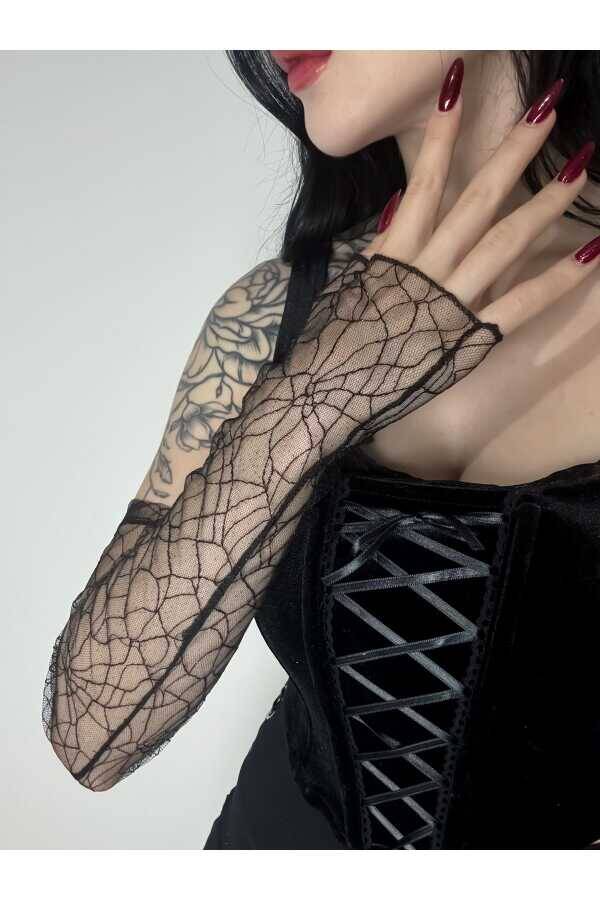 Gotik Gothic Victorian Ağ Desenli Simli Tül Uzun Kolluk, Parti Eldiveni, Parti Kolluğu, Uzun Kolluk - 8