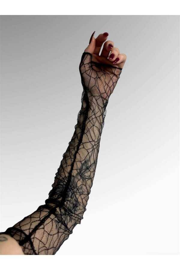 Gotik Gothic Victorian Ağ Desenli Simli Tül Uzun Kolluk, Parti Eldiveni, Parti Kolluğu, Uzun Kolluk - 7