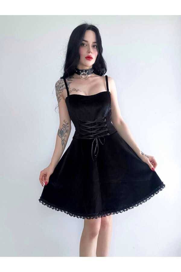 Gotik Gothic Victorian Bağcıklı Askılı Özel Tasarım Kadife Elbise - 9