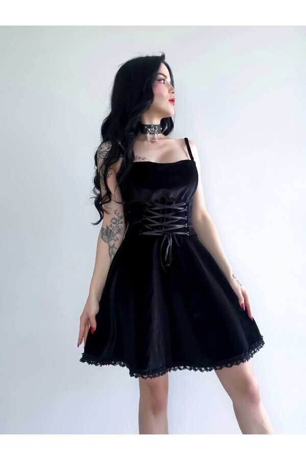 Gotik Gothic Victorian Bağcıklı Askılı Özel Tasarım Kadife Elbise - 8
