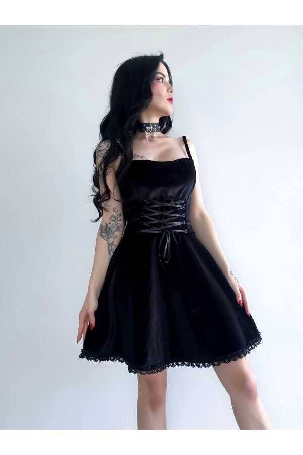 Gotik Gothic Victorian Bağcıklı Askılı Özel Tasarım Kadife Elbise - 8