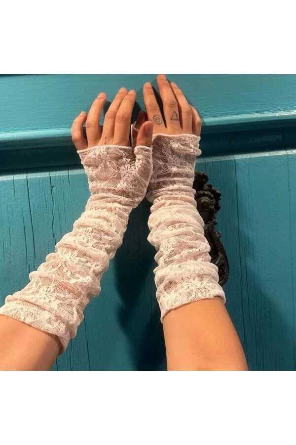 Gotik Gothic Victorian Beyaz Dantelli Uzun Kolluk - 5