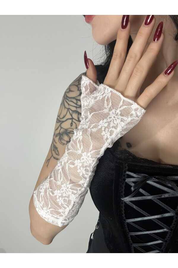 Gotik Gothic Victorian Çiçek Desenli Dantelli Tül Kısa Kolluk, Parti Kolluğu, Parti Eldiveni - 3