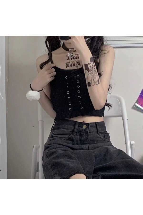 Gotik Harajuku Kuş Gözlü Asklı Crop Bluz - 7