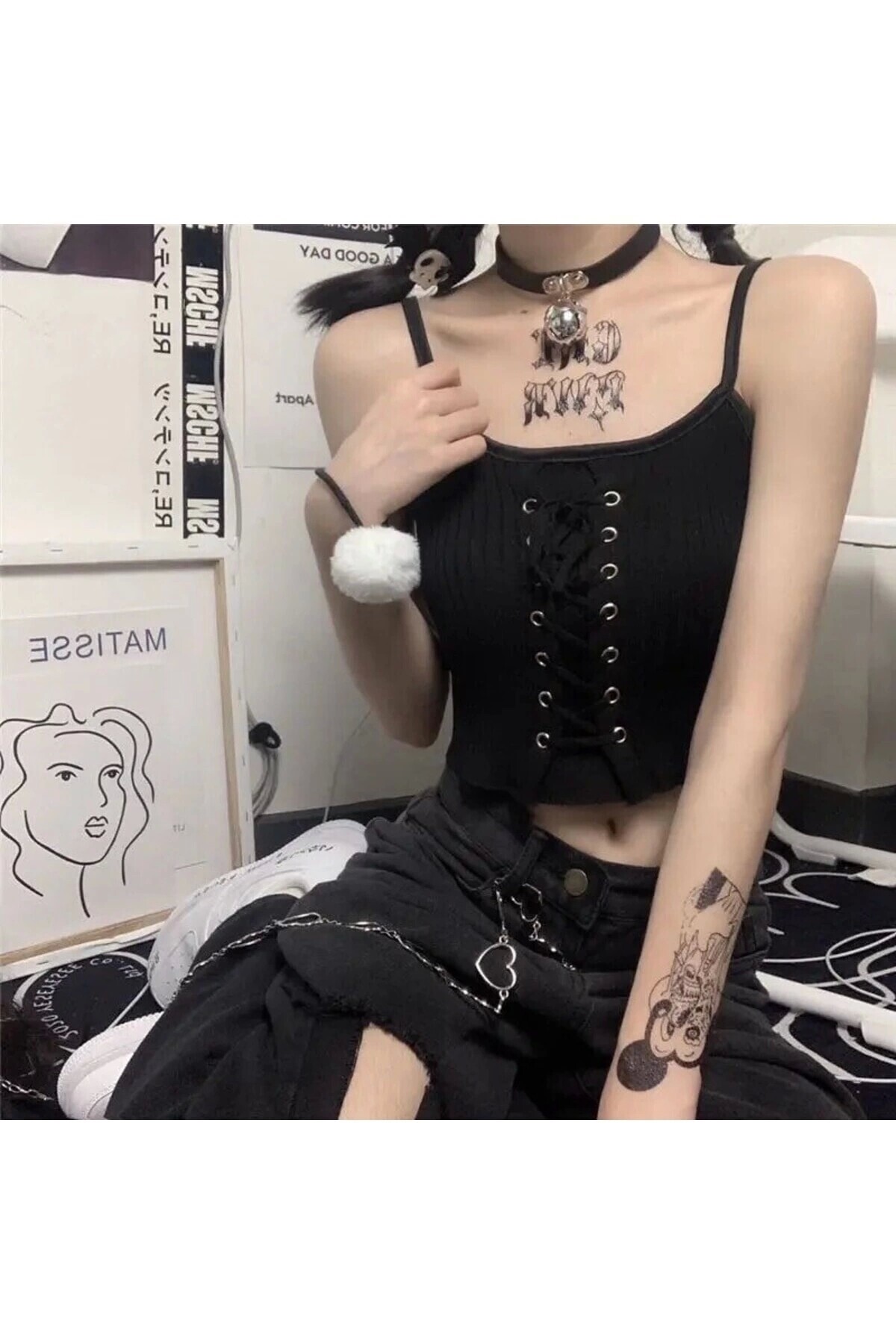 Gotik Harajuku Kuş Gözlü Asklı Crop Bluz - 3