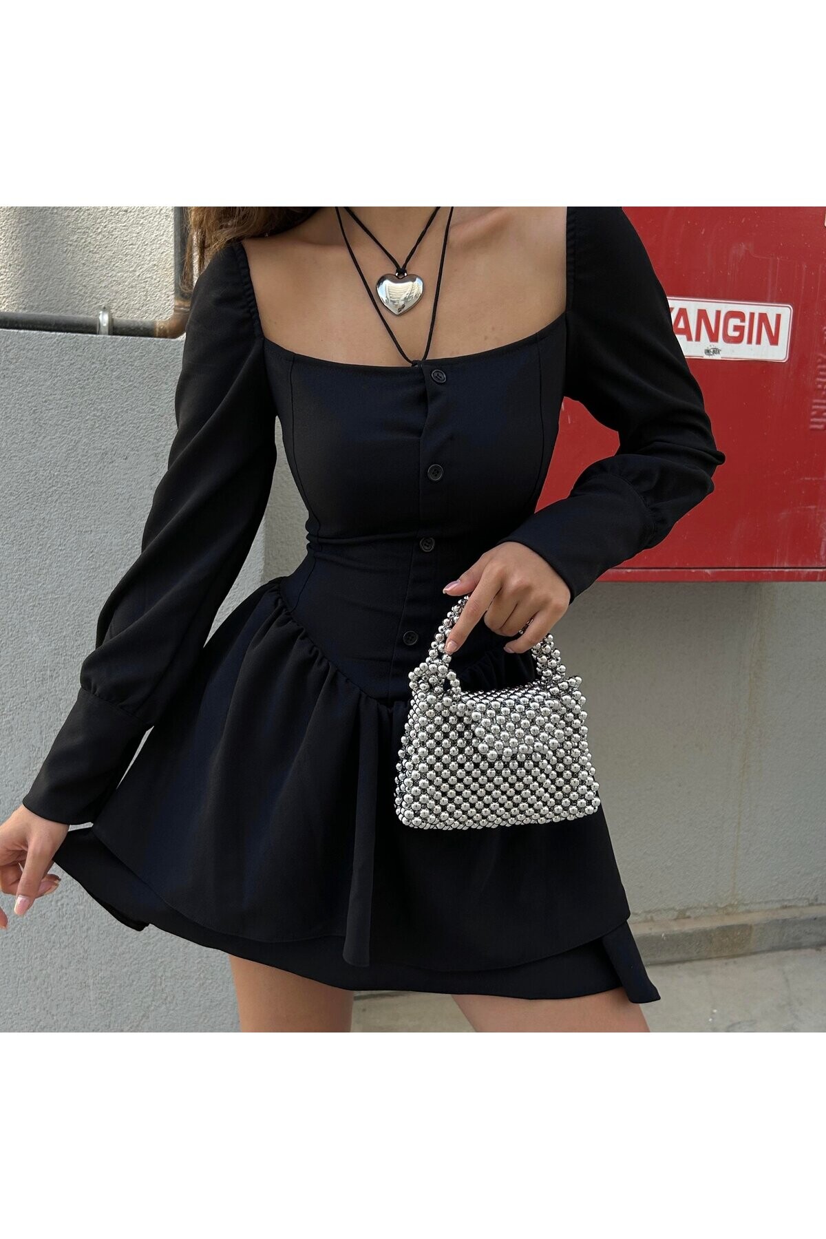 Gotik Harajuku Siyah Bağcıklı Düğmeli Uzun Kollu Mini Elbise - 30