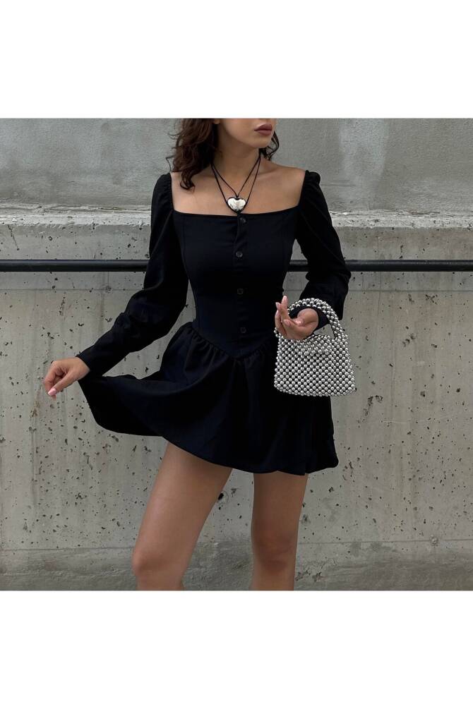 Gotik Harajuku Siyah Bağcıklı Düğmeli Uzun Kollu Mini Elbise - 29