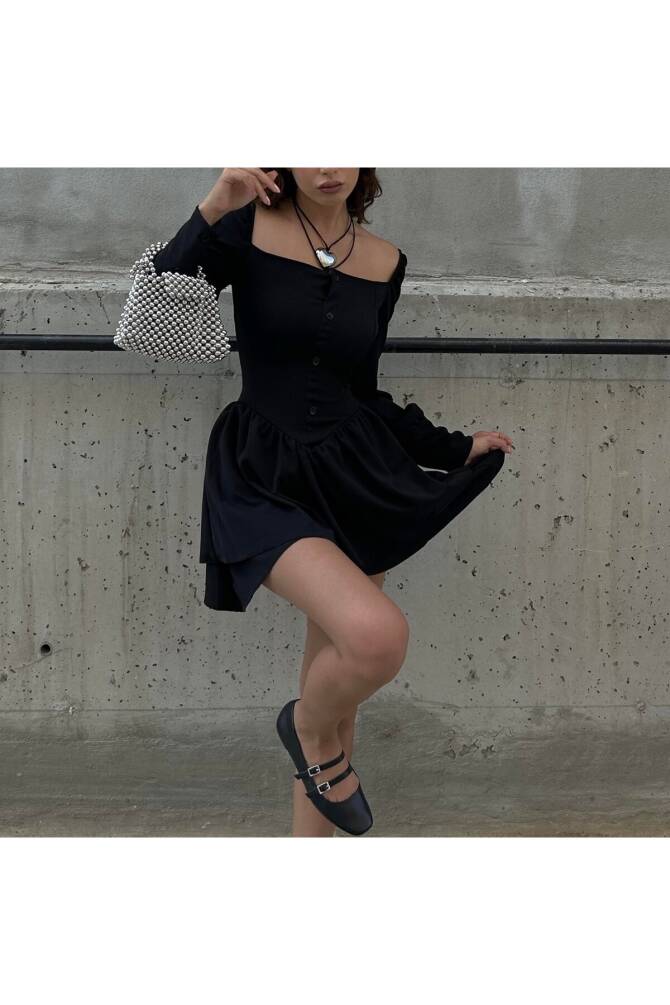 Gotik Harajuku Siyah Bağcıklı Düğmeli Uzun Kollu Mini Elbise - 21