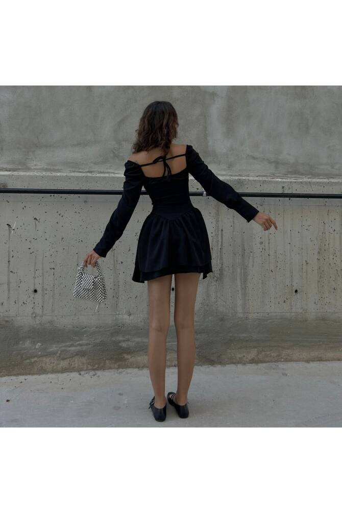 Gotik Harajuku Siyah Bağcıklı Düğmeli Uzun Kollu Mini Elbise - 14