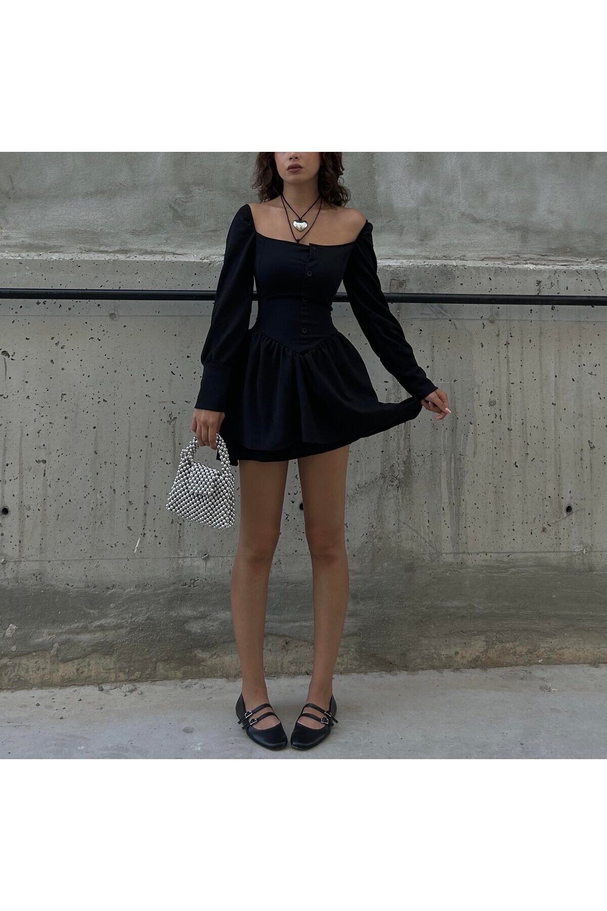 Gotik Harajuku Siyah Bağcıklı Düğmeli Uzun Kollu Mini Elbise - 13