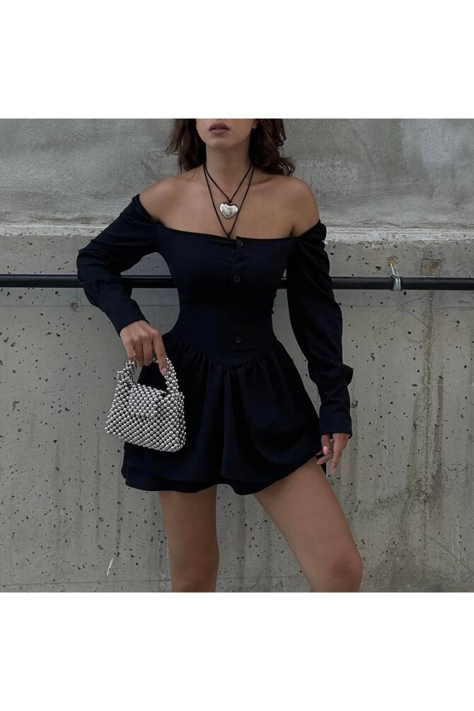 Gotik Harajuku Siyah Bağcıklı Düğmeli Uzun Kollu Mini Elbise - 10