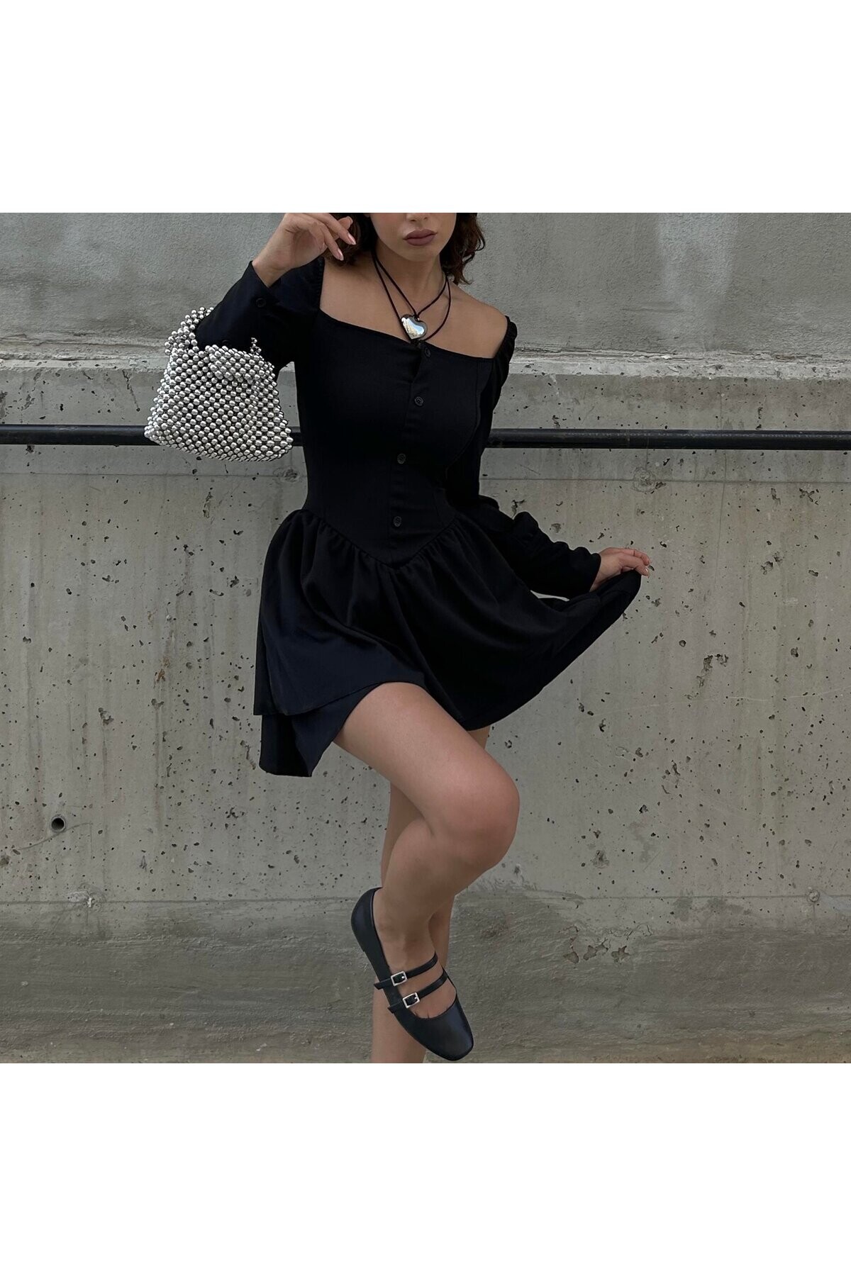 Gotik Harajuku Siyah Bağcıklı Düğmeli Uzun Kollu Mini Elbise - 9