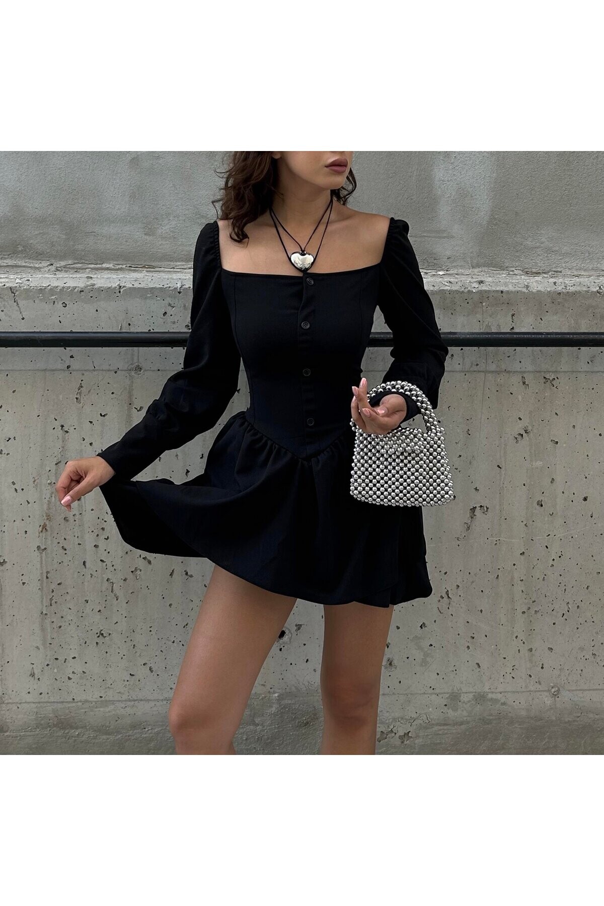 Gotik Harajuku Siyah Bağcıklı Düğmeli Uzun Kollu Mini Elbise - 47