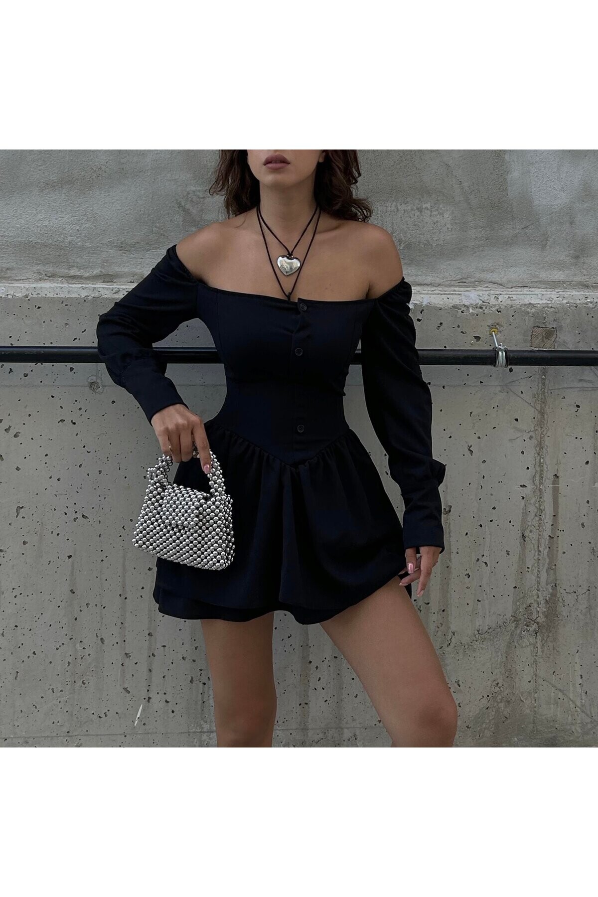 Gotik Harajuku Siyah Bağcıklı Düğmeli Uzun Kollu Mini Elbise - 40