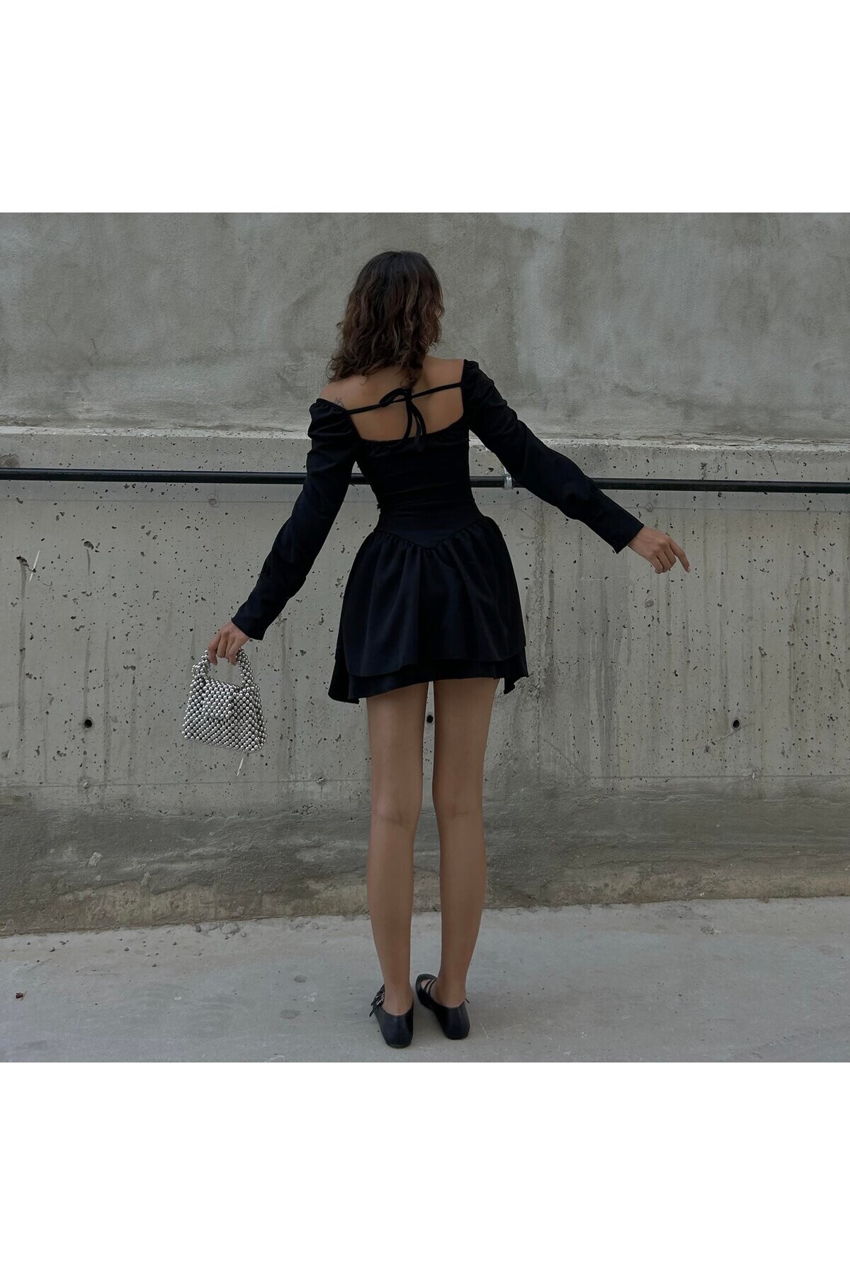 Gotik Harajuku Siyah Bağcıklı Düğmeli Uzun Kollu Mini Elbise - 36