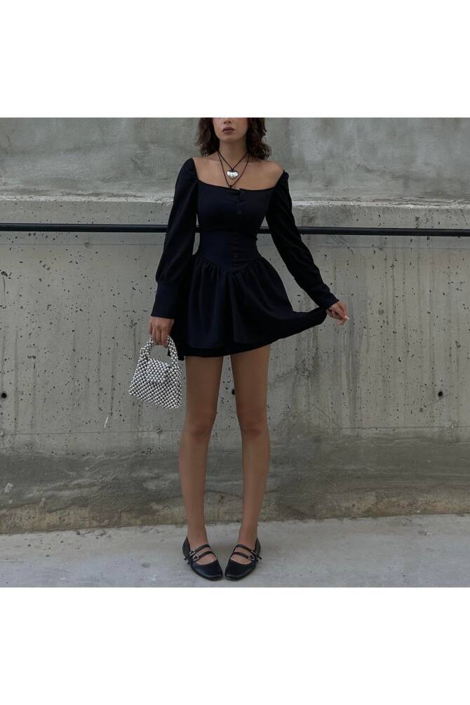 Gotik Harajuku Siyah Bağcıklı Düğmeli Uzun Kollu Mini Elbise - 37