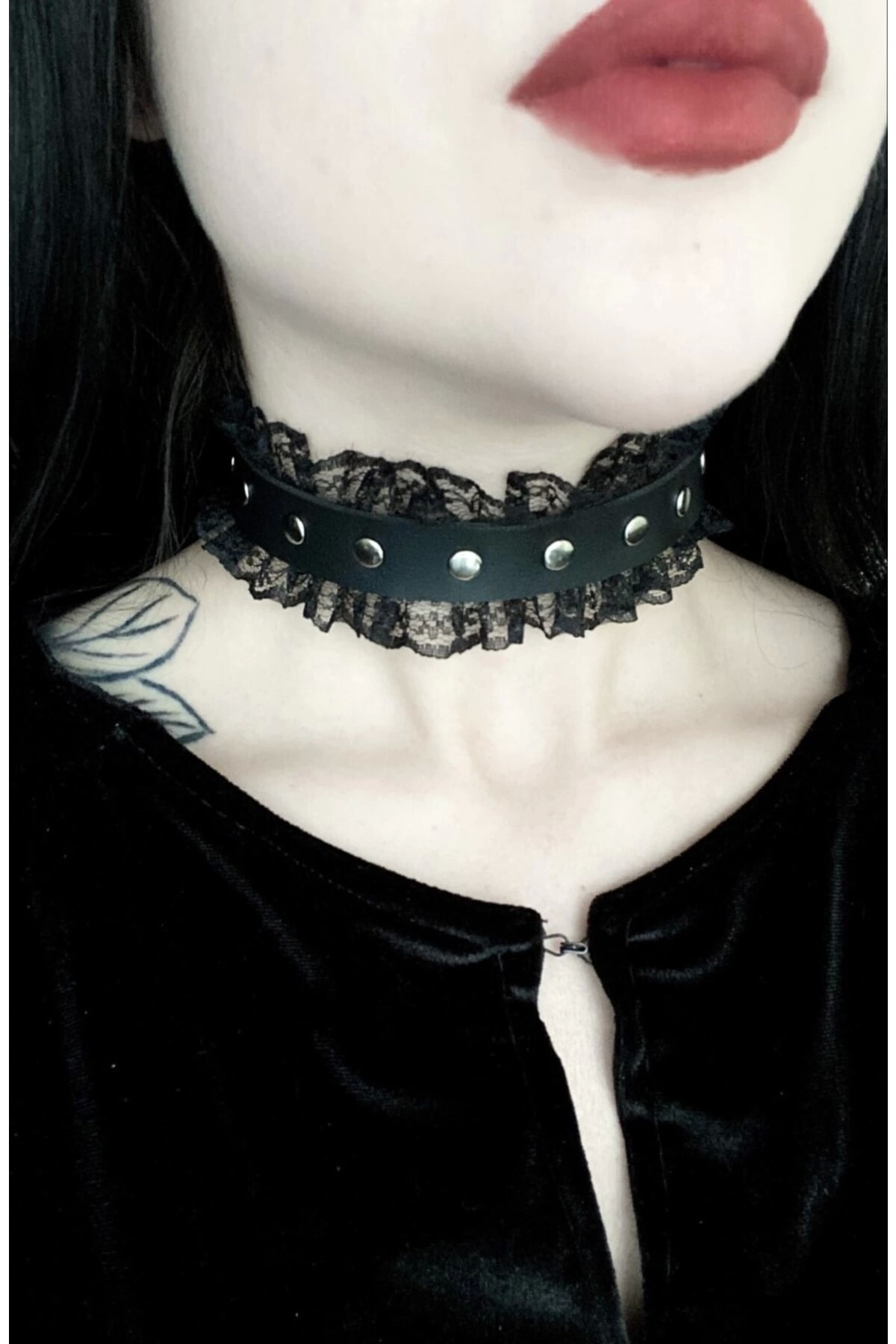 Gotik Lolita Güpürlü Zımbalı Deri Choker Boyunluk - 2