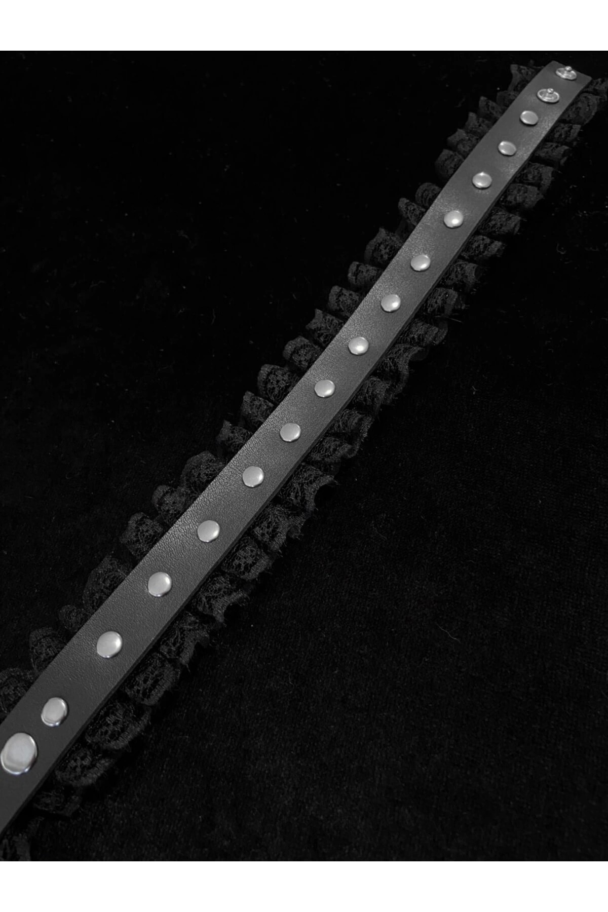 Gotik Lolita Güpürlü Zımbalı Deri Choker Boyunluk - 3