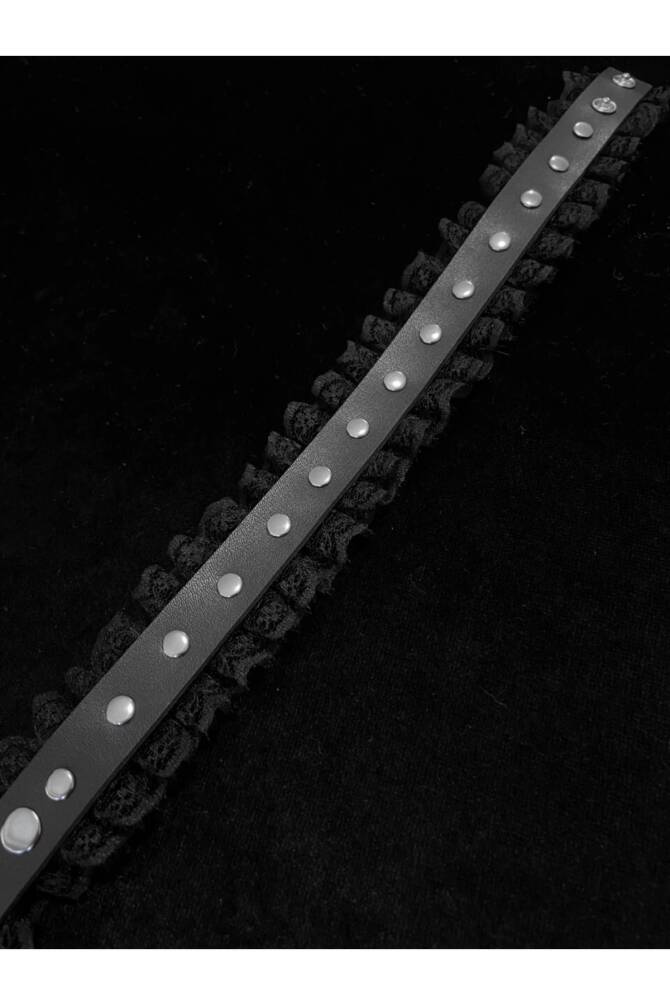 Gotik Lolita Güpürlü Zımbalı Deri Choker Boyunluk - 3