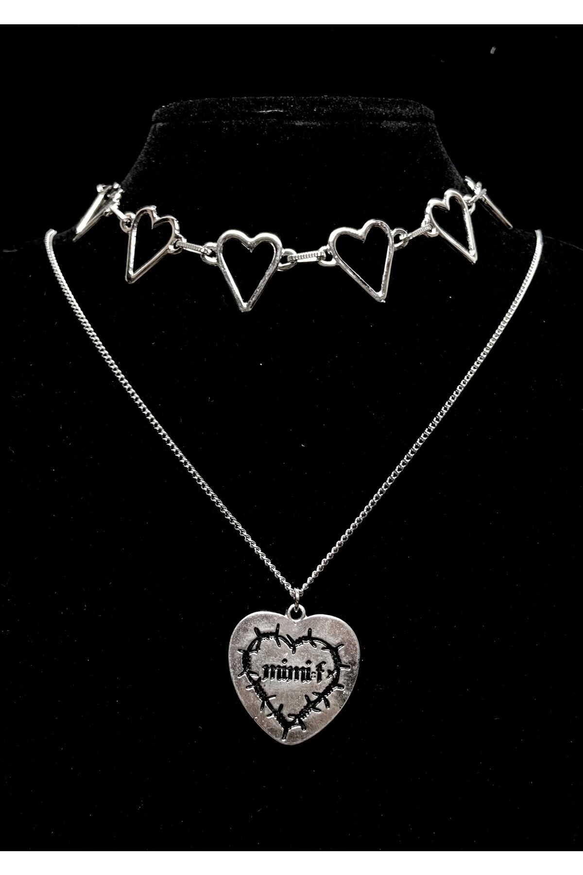 Gotik Lolita Harajuku Kalp Chocker Boyunluk Ve Kalp Kolye Set - DarkellaStore