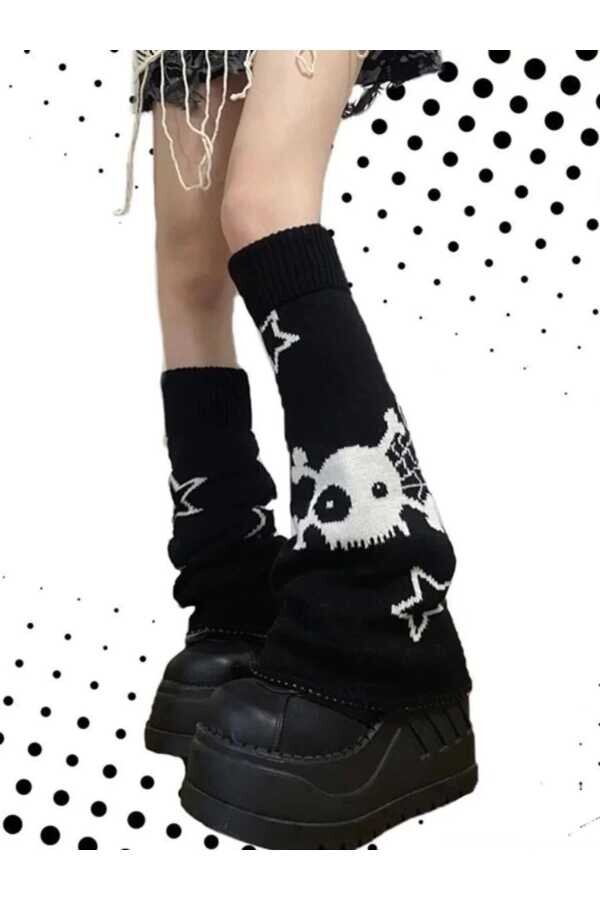 Gotik Lolita Harajuku Kuru Kafalı Yıldızlı Skull Star Kışlık Siyah Bol Tozluk - 1